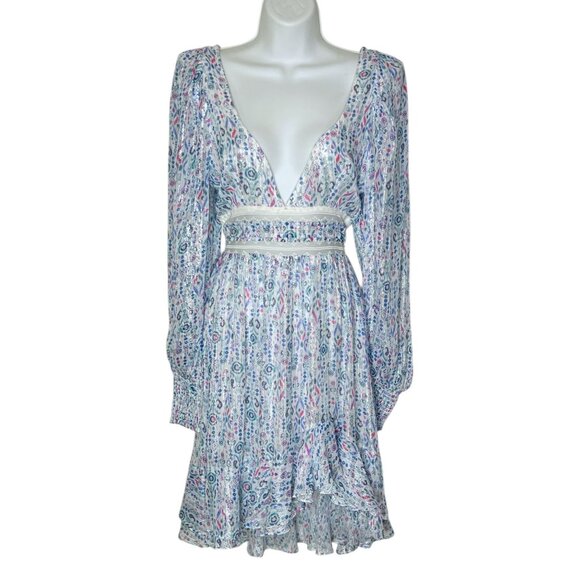 Rococo Sand Floral Lurex Chiffon Mini Dress Blue Multicolor Romantic Petite PP - Picture 5 of 14